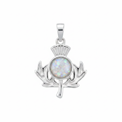 Silver 925 Scottish thistle memorial pendant with white opal and mica, white background