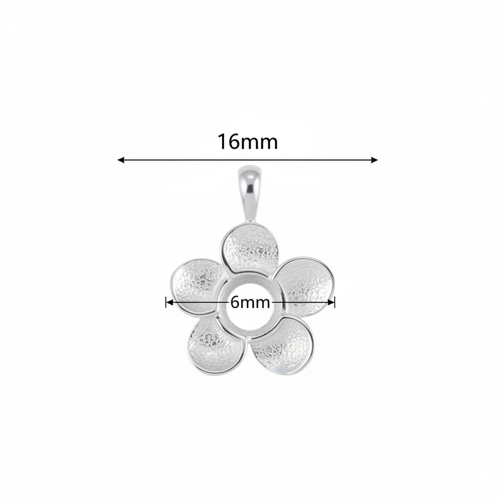 Silver 925 daisy flower memorial pendant dimensions — 16mm overall, 6mm round centre setting