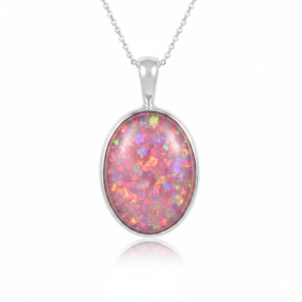 Plain silver 925 oval bezel memorial pendant with pink opal flakes, white background