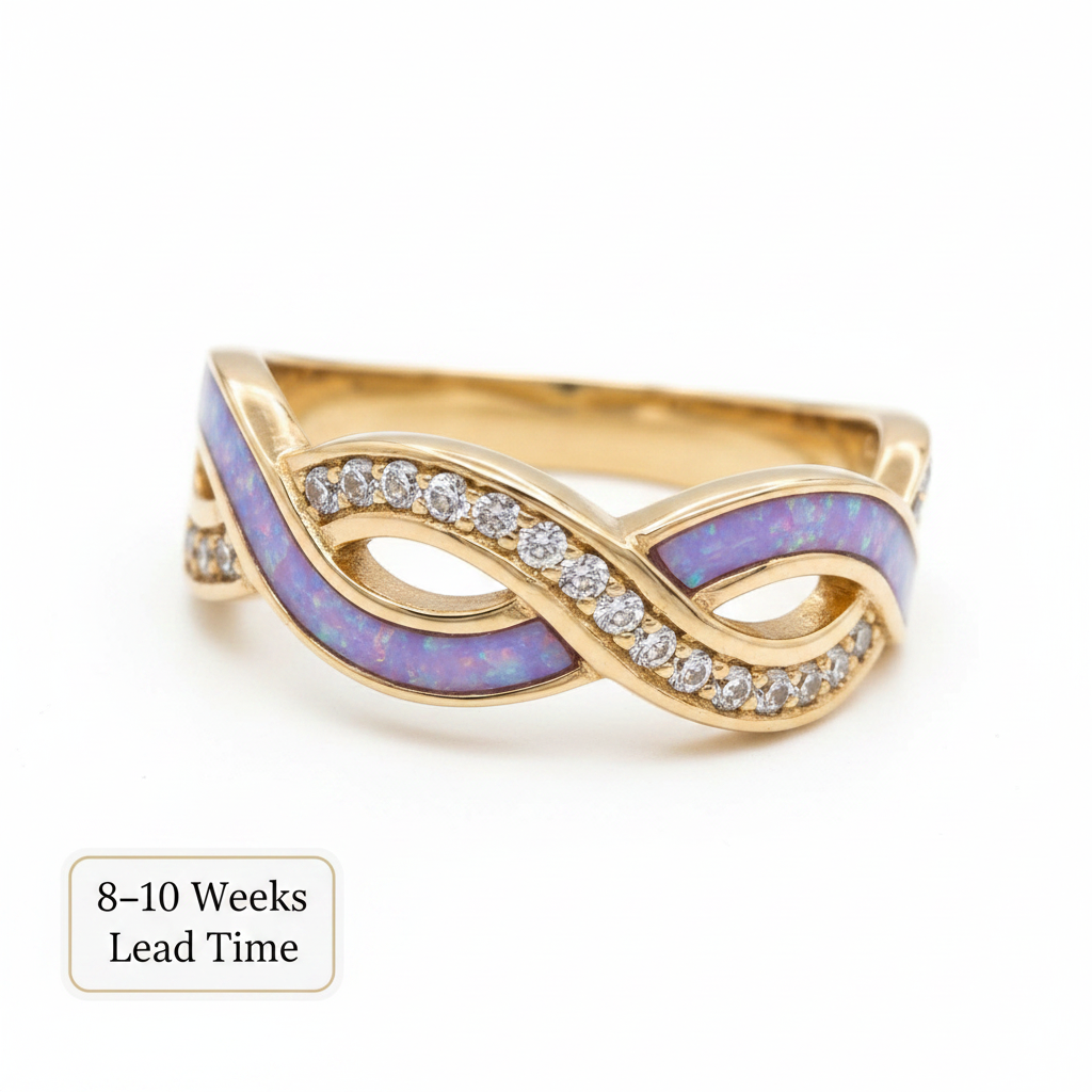 9ct Gold Double Wave CZ Ring — lavender opal resin, white background