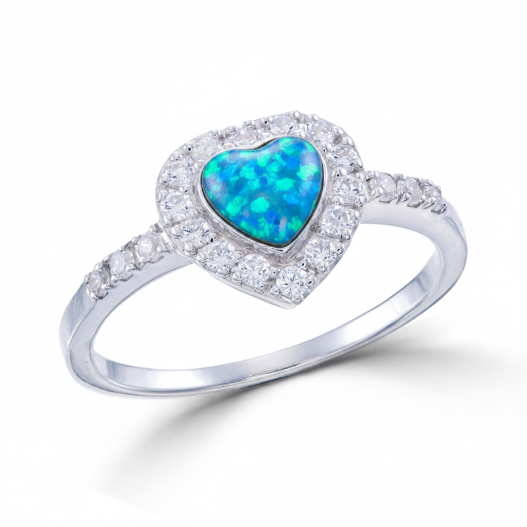 Heart CZ Halo Memorial Ring 925 Sterling Silver with blue teal opal flake inclusion