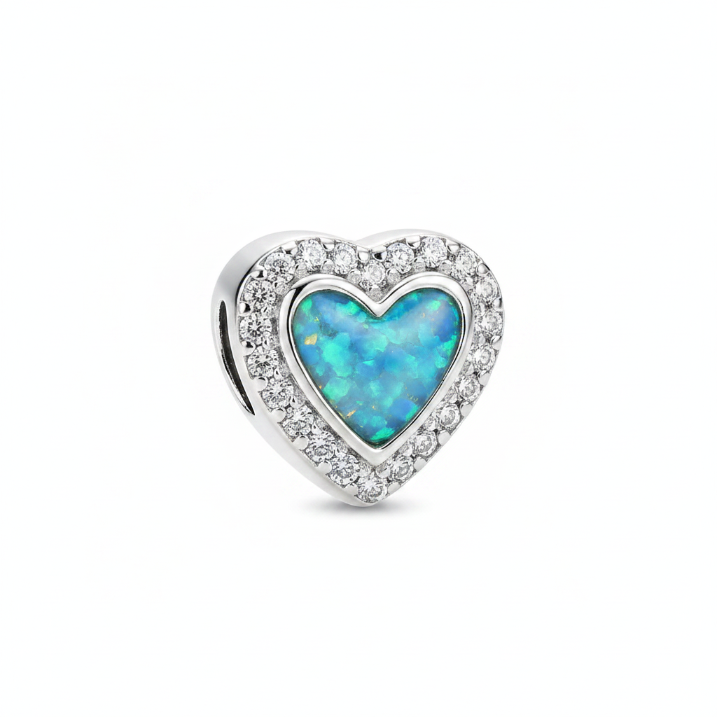 Heart CZ Bead 925 Silver Memorial Charm – blue teal opal inclusion, charm only