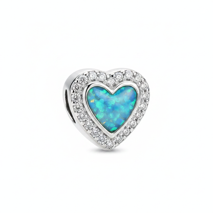 Heart CZ Bead 925 Silver Memorial Charm – blue teal opal inclusion, charm only