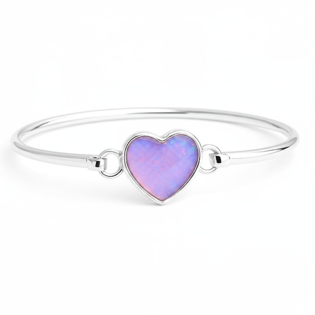 Heart hook clasp silver bangle with lavender purple opal resin in heart bezel, white background