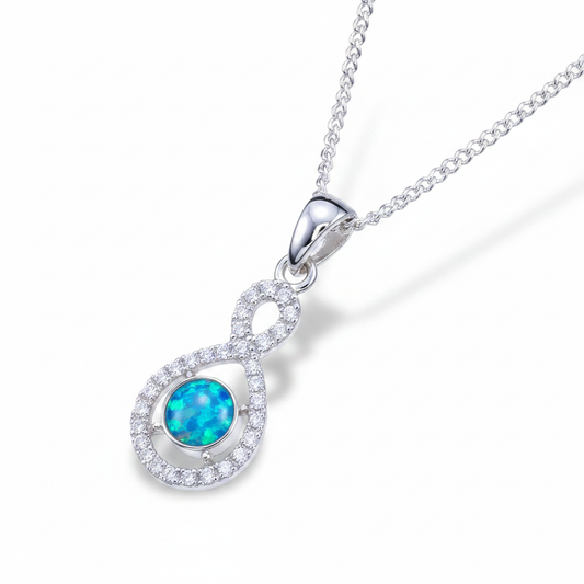 CZ Infinity Pendant Necklace 925 Sterling Silver with blue teal opal flake inclusion on silver chain