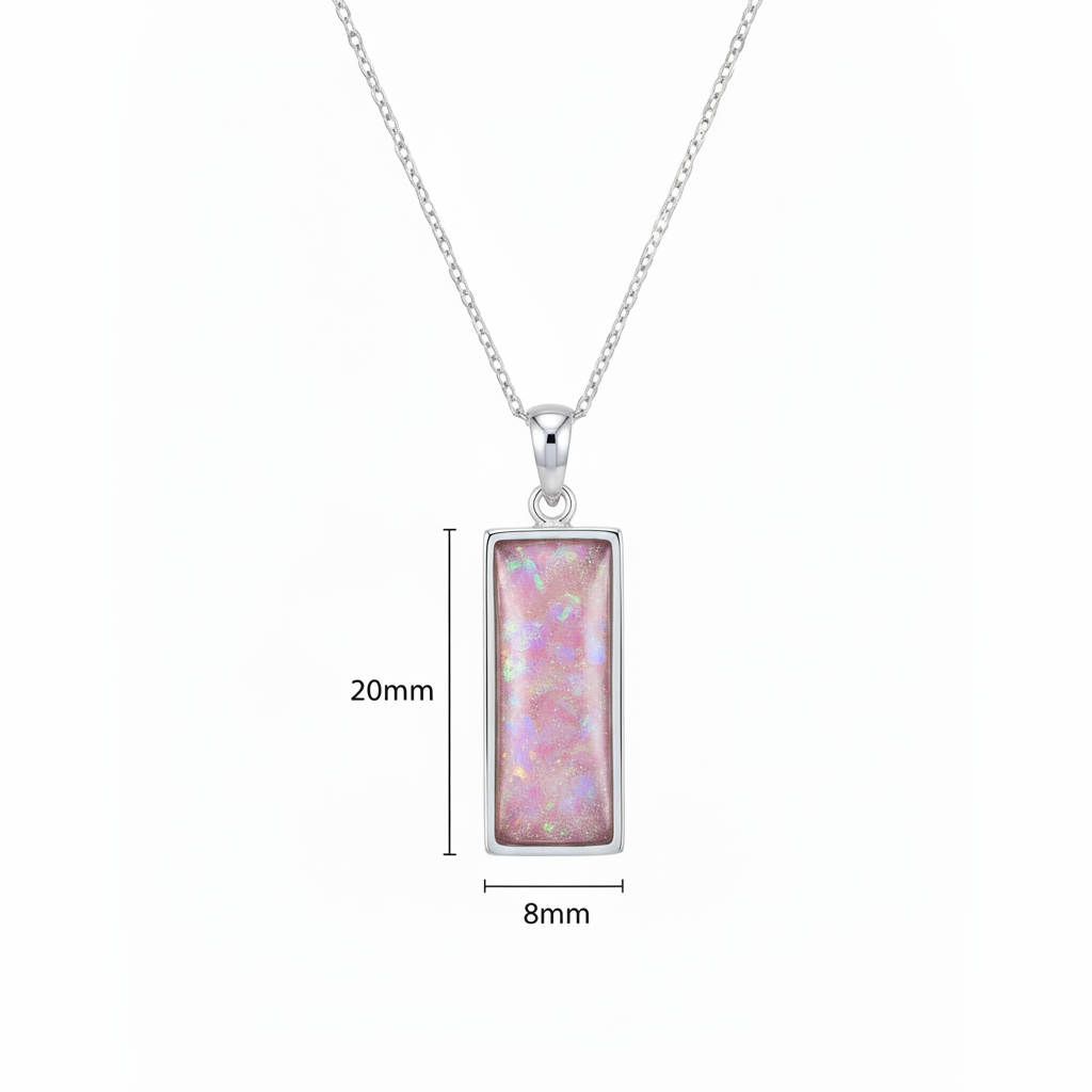 Silver 925 rectangular bar memorial pendant with pink opal resin on chain, white background