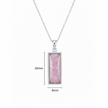 Silver 925 rectangular bar memorial pendant with pink opal resin on chain, white background