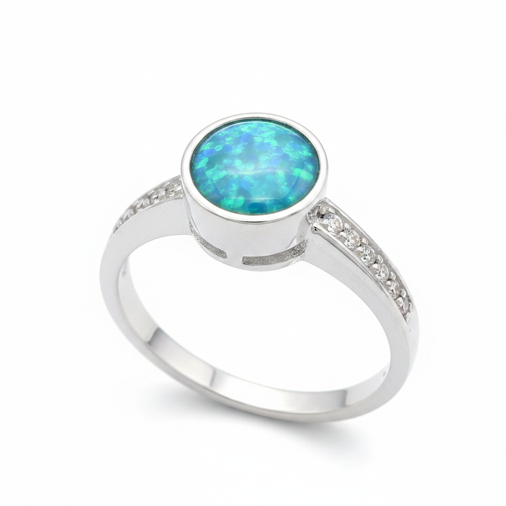 Multi gem round 6mm CZ 925 silver ring with blue teal opal resin side angle view white background