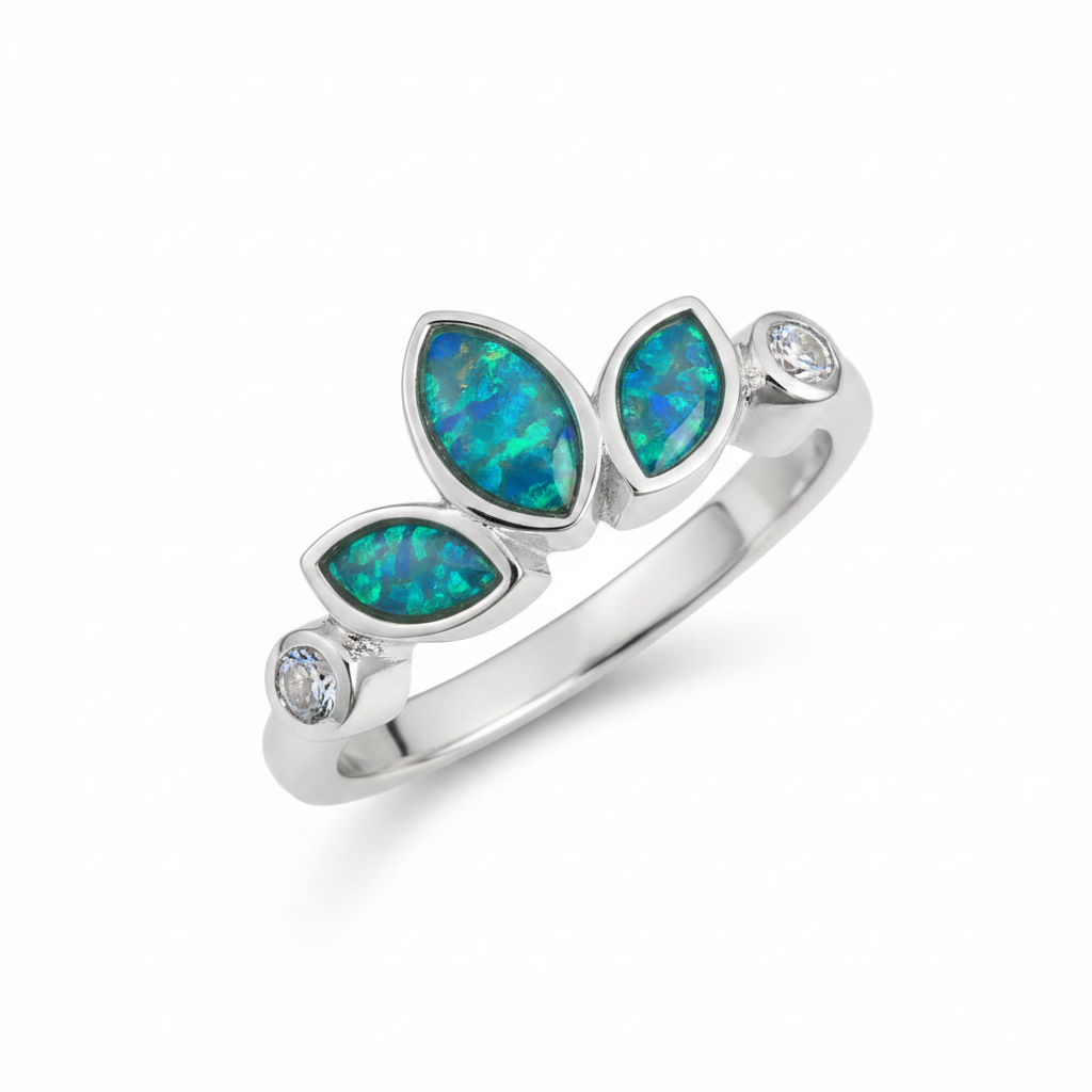 Trilogy marquise bezel 925 silver ring with blue teal opal resin side view on white background