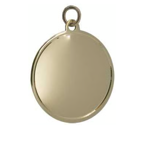 Original unengraved 9ct yellow gold round disc showing a fine lined border and top loop
