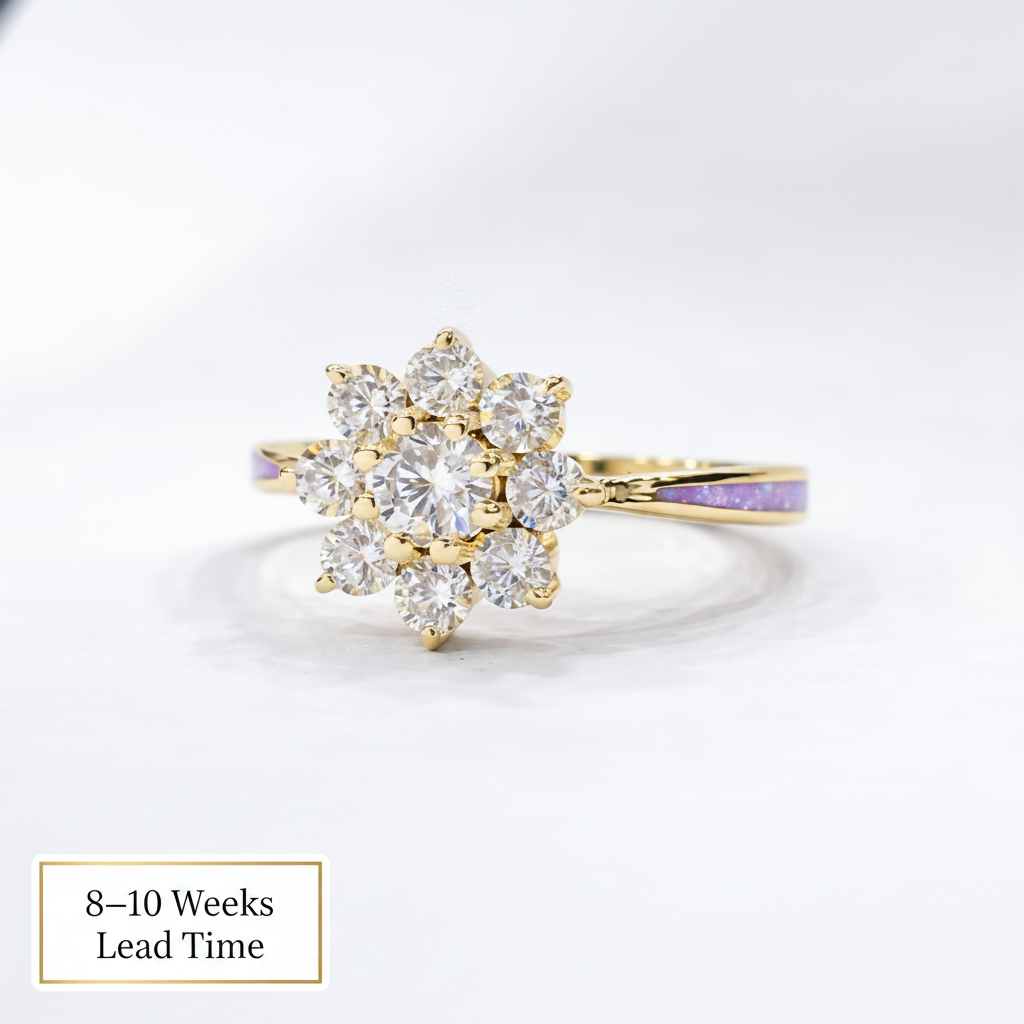 9ct Gold Celestial Cluster CZ Ring — lavender opal resin, white background