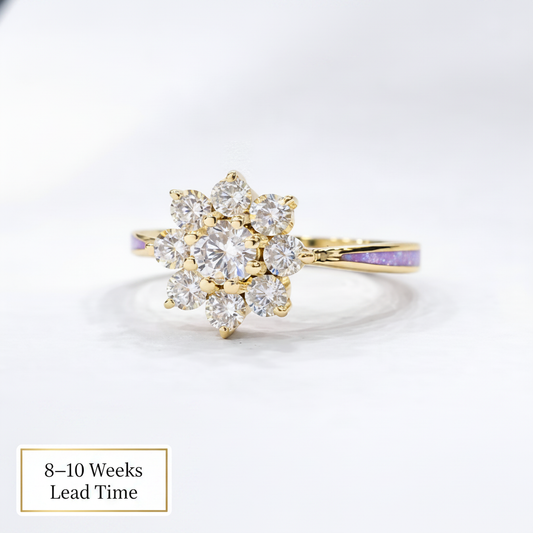 9ct Gold Celestial Cluster CZ Ring — lavender opal resin, white background