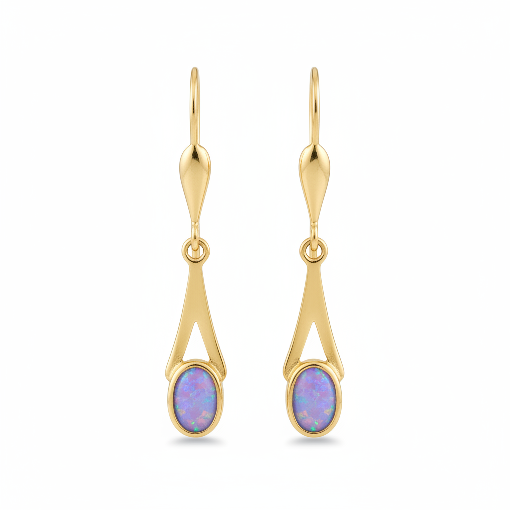 9ct gold tapered drop earrings with lavender iridescent opal flakes – white background
