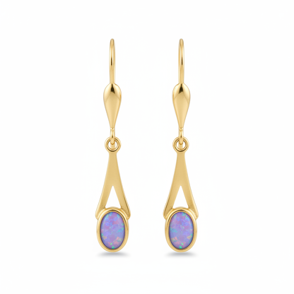 9ct gold tapered drop earrings with lavender iridescent opal flakes – white background