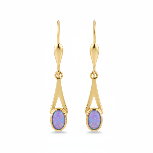 9ct gold tapered drop earrings with lavender iridescent opal flakes – white background