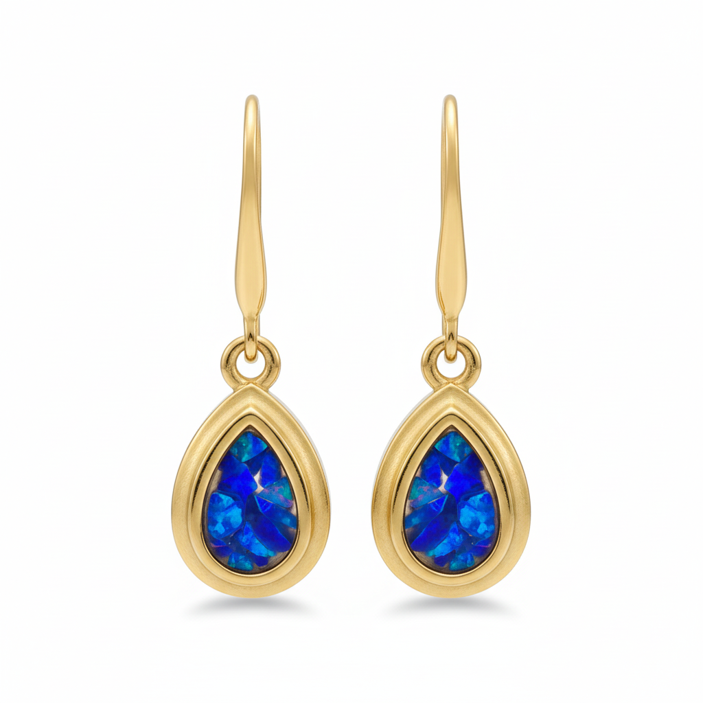 9ct gold pear drop earrings with deep blue iridescent opal flakes – white background