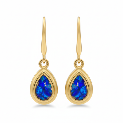 9ct gold pear drop earrings with deep blue iridescent opal flakes – white background