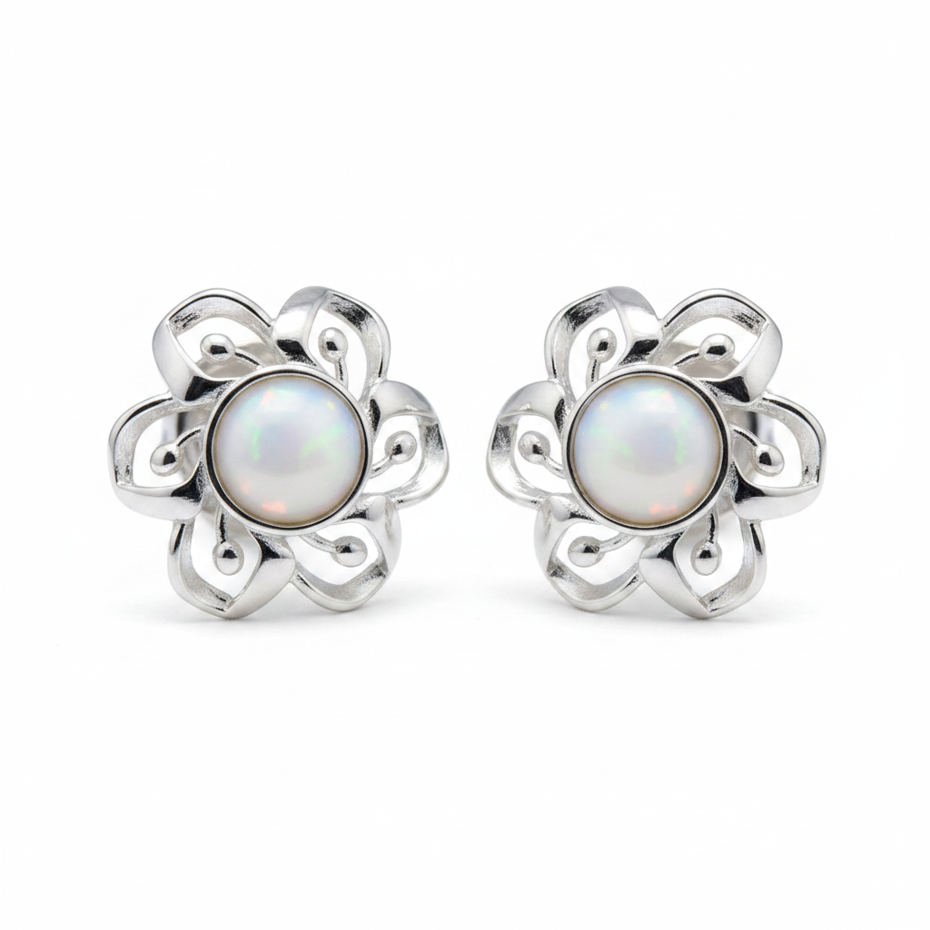 Silver 925 layered petal flower memorial stud earrings — white pearl opal flakes resin in 4mm round centre cup