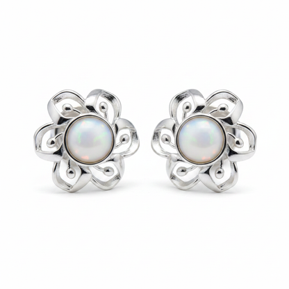 Silver 925 layered petal flower memorial stud earrings — white pearl opal flakes resin in 4mm round centre cup