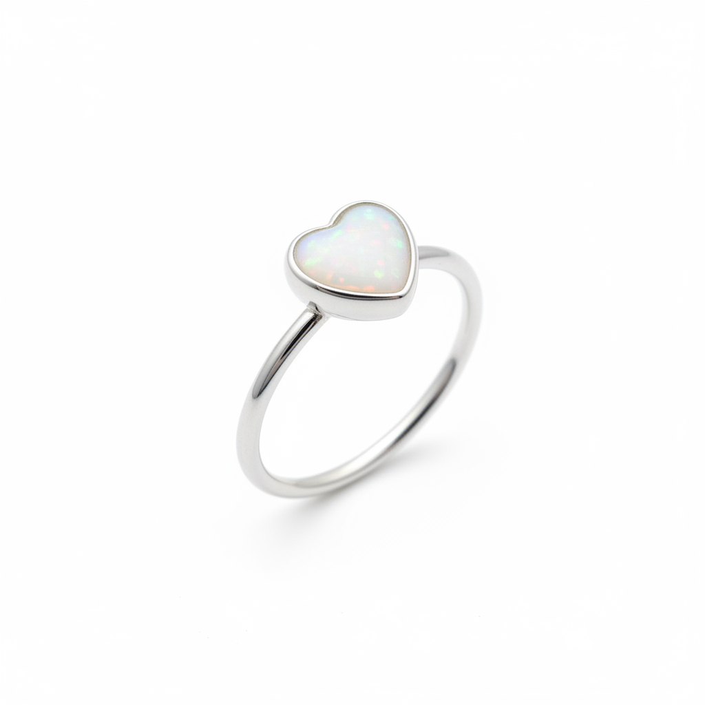 Silver 925 heart stacker memorial ring — white pearl opal flakes resin in 6mm heart setting, ultra-fine wire band