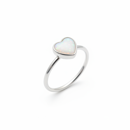 Silver 925 heart stacker memorial ring — white pearl opal flakes resin in 6mm heart setting, ultra-fine wire band