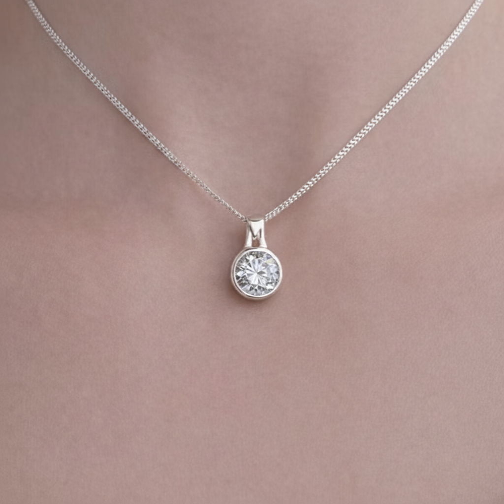 Round Secretly Set CZ 925 Silver Memorial Pendant worn on neck — white background