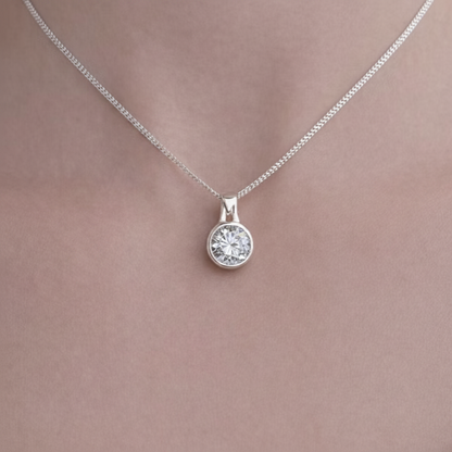 Round Secretly Set CZ 925 Silver Memorial Pendant worn on neck — white background