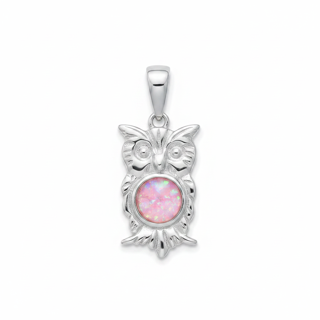 Silver 925 owl memorial pendant with pink opal flakes, white background