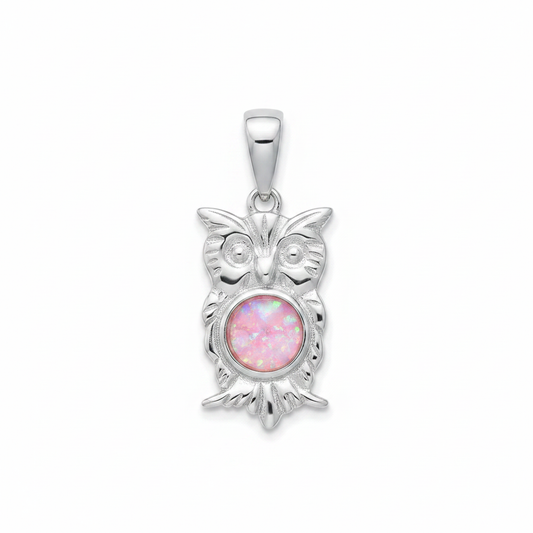 Silver 925 owl memorial pendant with pink opal flakes, white background