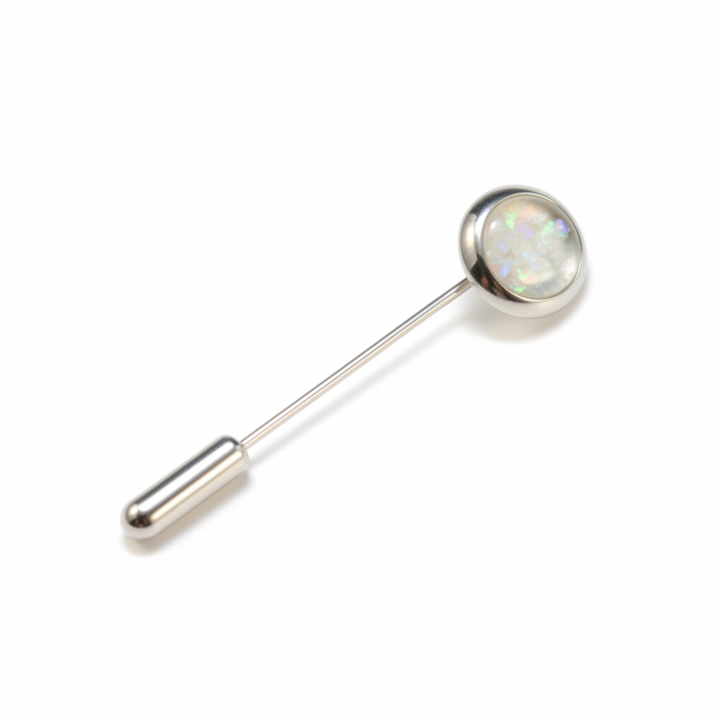 Silver 925 stick pin with white pearl opal resin in 10x8mm oval bezel cup head on white background