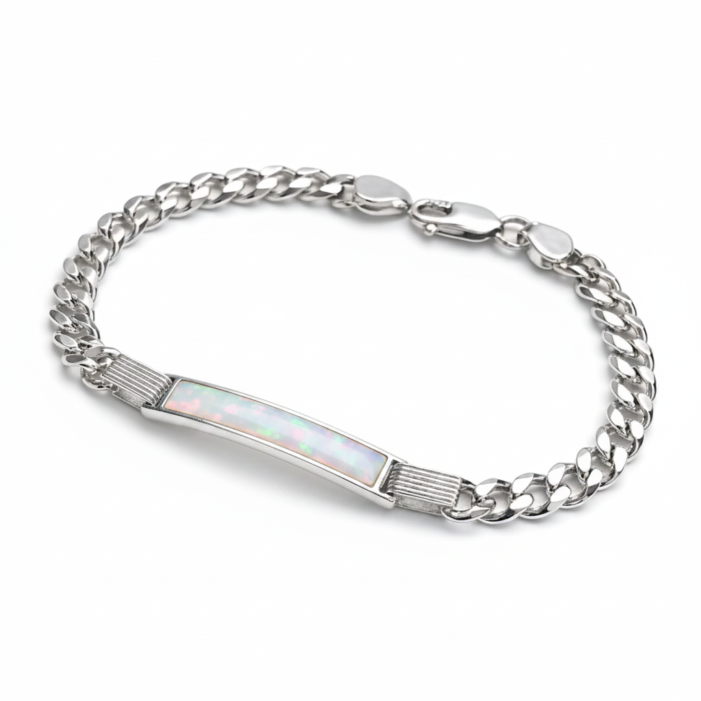 Gents silver curb chain ID bracelet with white pearl opal resin on ID bar plate, white background