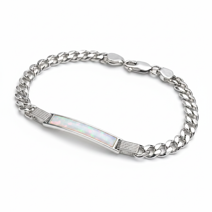 Gents silver curb chain ID bracelet with white pearl opal resin on ID bar plate, white background