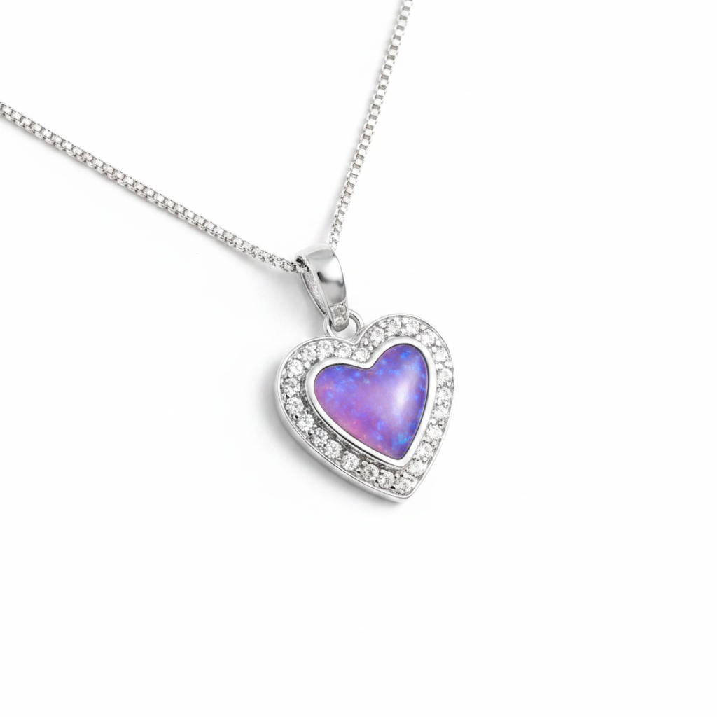 CZ Halo Heart 925 Silver Memorial Pendant with lavender purple opal resin inclusion — white background