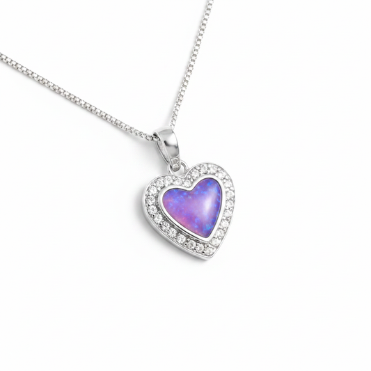 CZ Halo Heart 925 Silver Memorial Pendant with lavender purple opal resin inclusion — white background