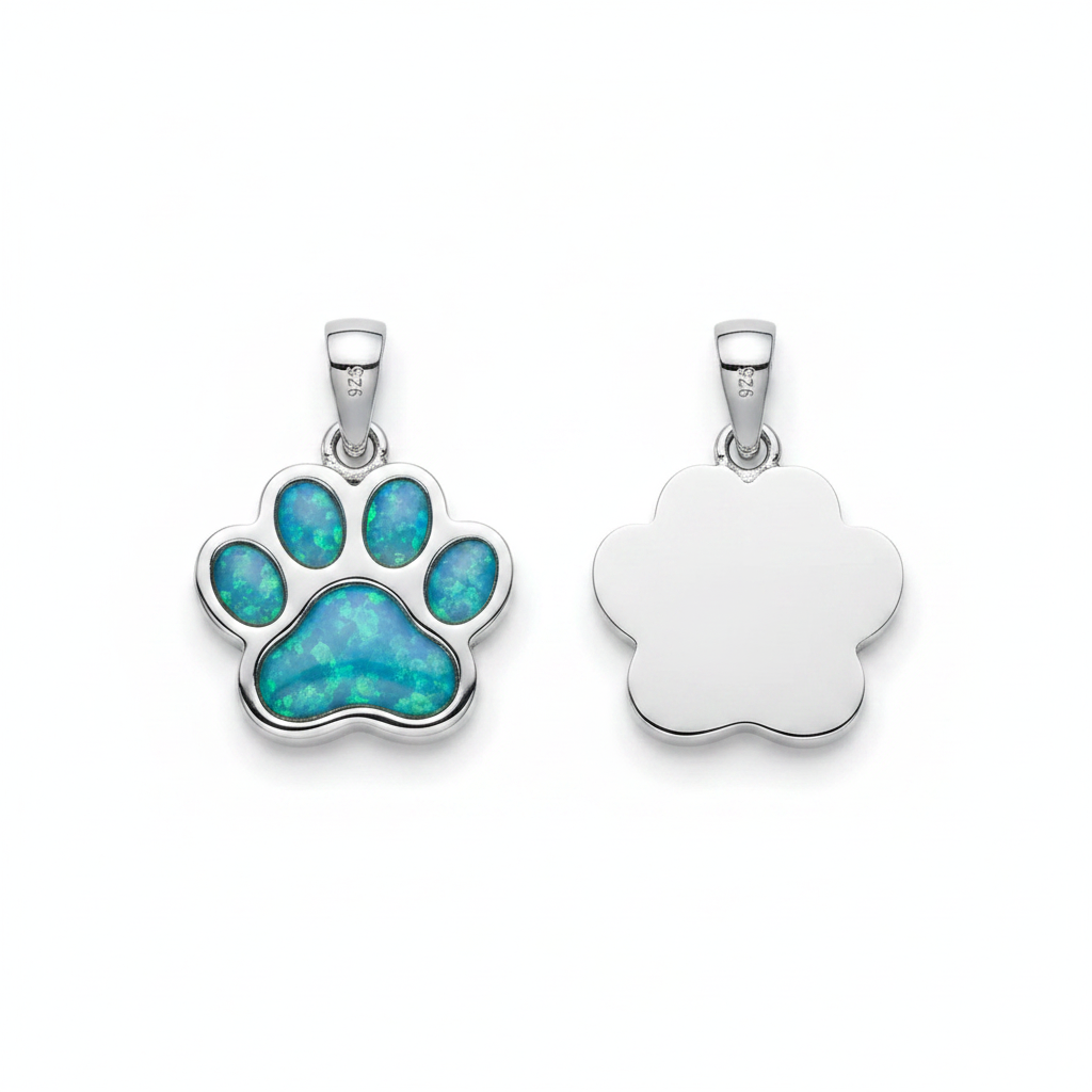 925 sterling silver petite paw memorial pendant front and back showing opal resin paw pads and flat engravable back