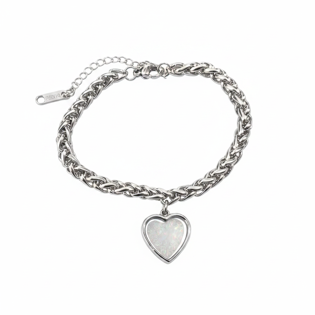 Chunky heart charm memorial bracelet with white pearl opal resin inclusion - stainless steel wheat chain