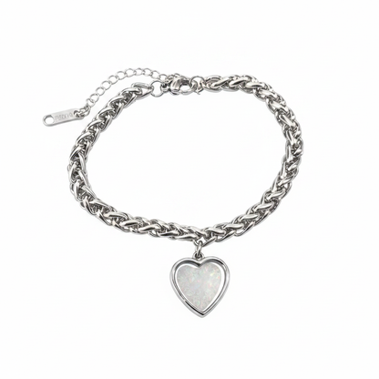 Chunky heart charm memorial bracelet with white pearl opal resin inclusion - stainless steel wheat chain