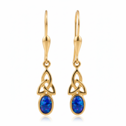 9ct gold Celtic trinity knot drop earrings with deep blue iridescent opal flakes – white background
