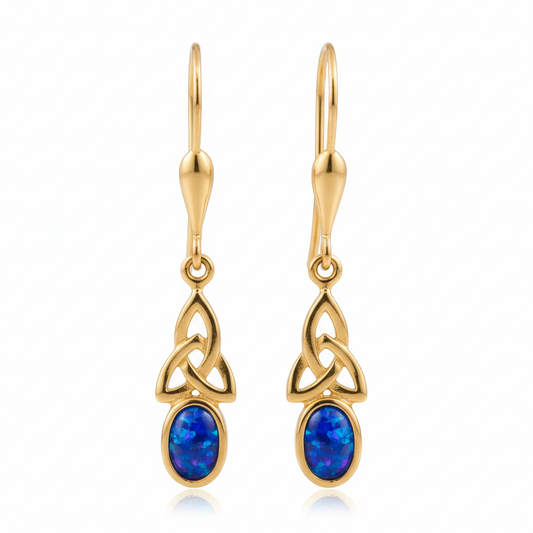 9ct gold Celtic trinity knot drop earrings with deep blue iridescent opal flakes – white background