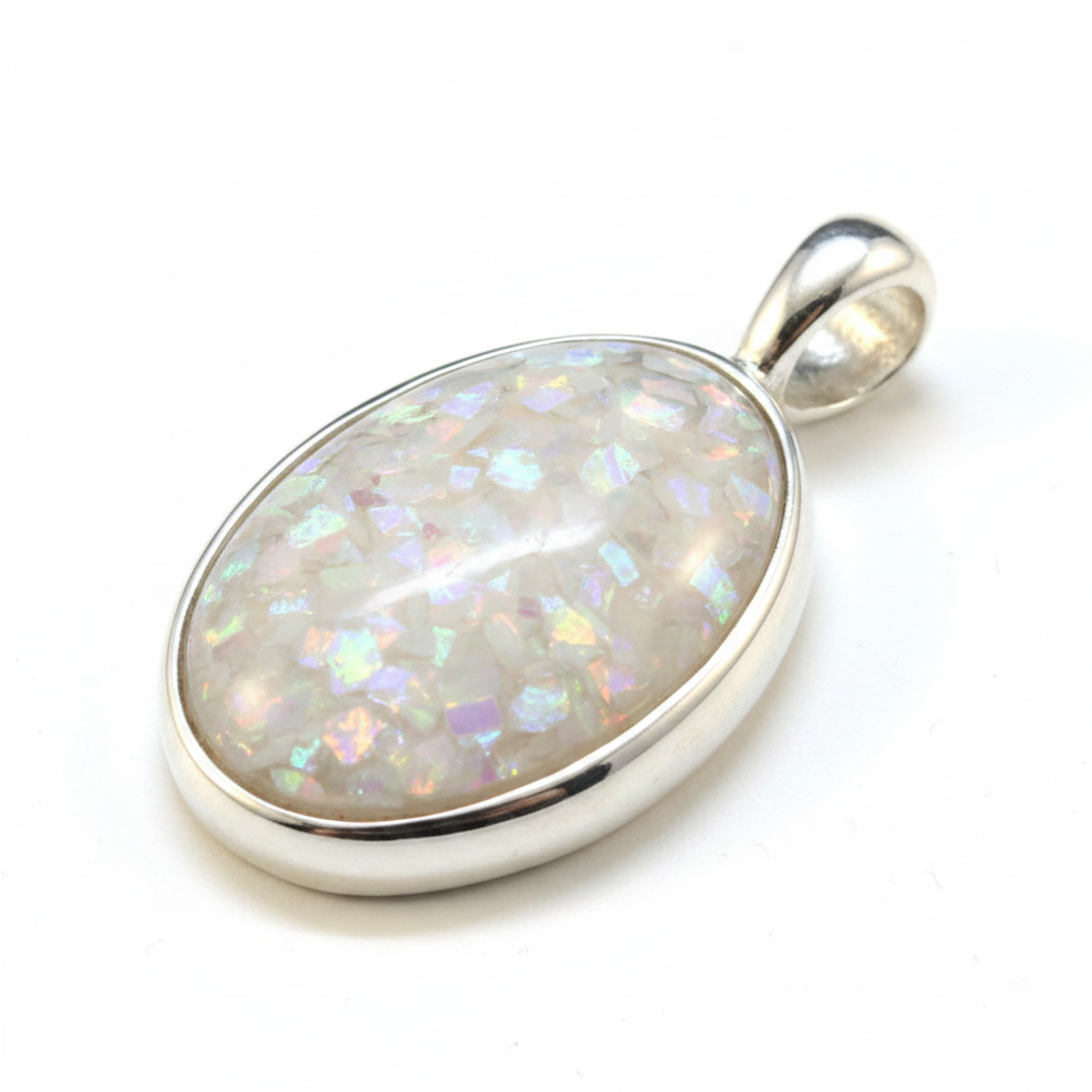 Plain silver 925 oval bezel memorial pendant with white opal and mica, white background