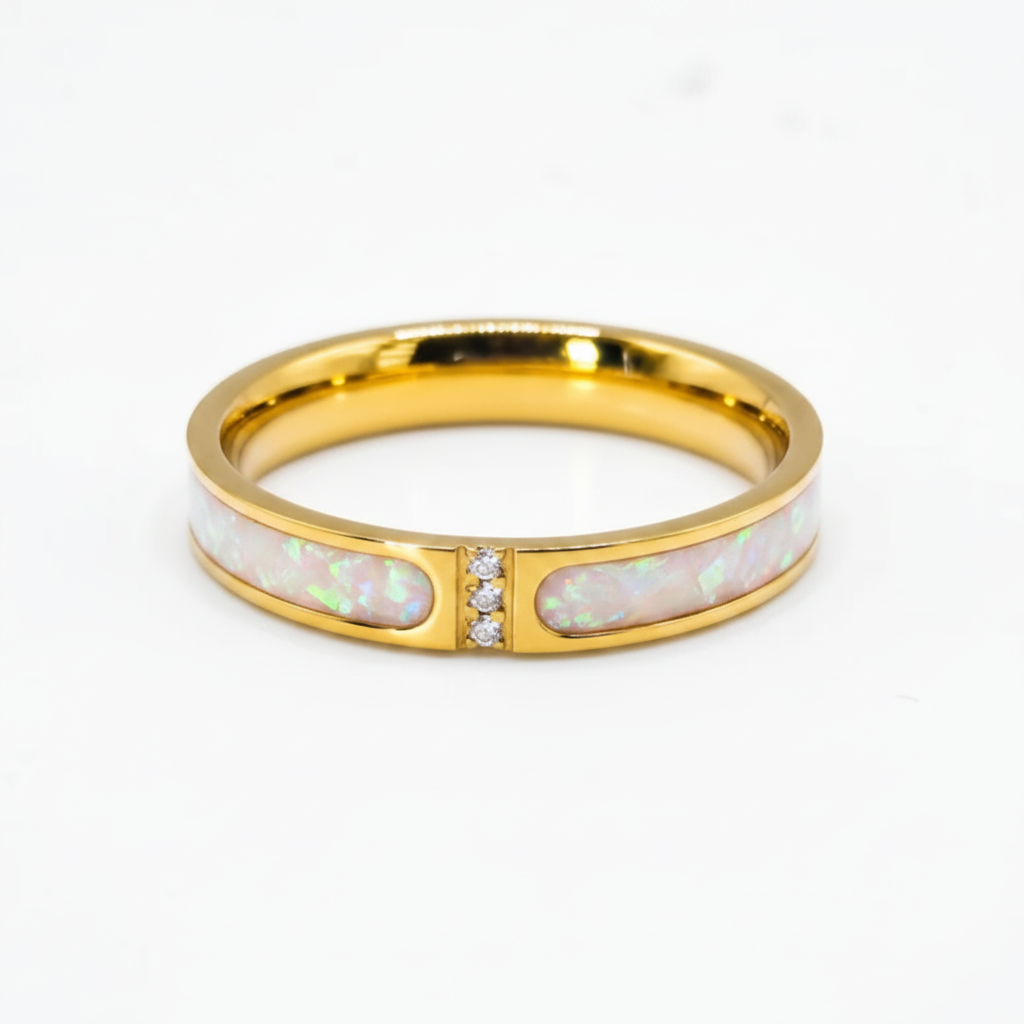 18ct gold PVD part channel memorial ring with white pearl opal flakes stainless steel