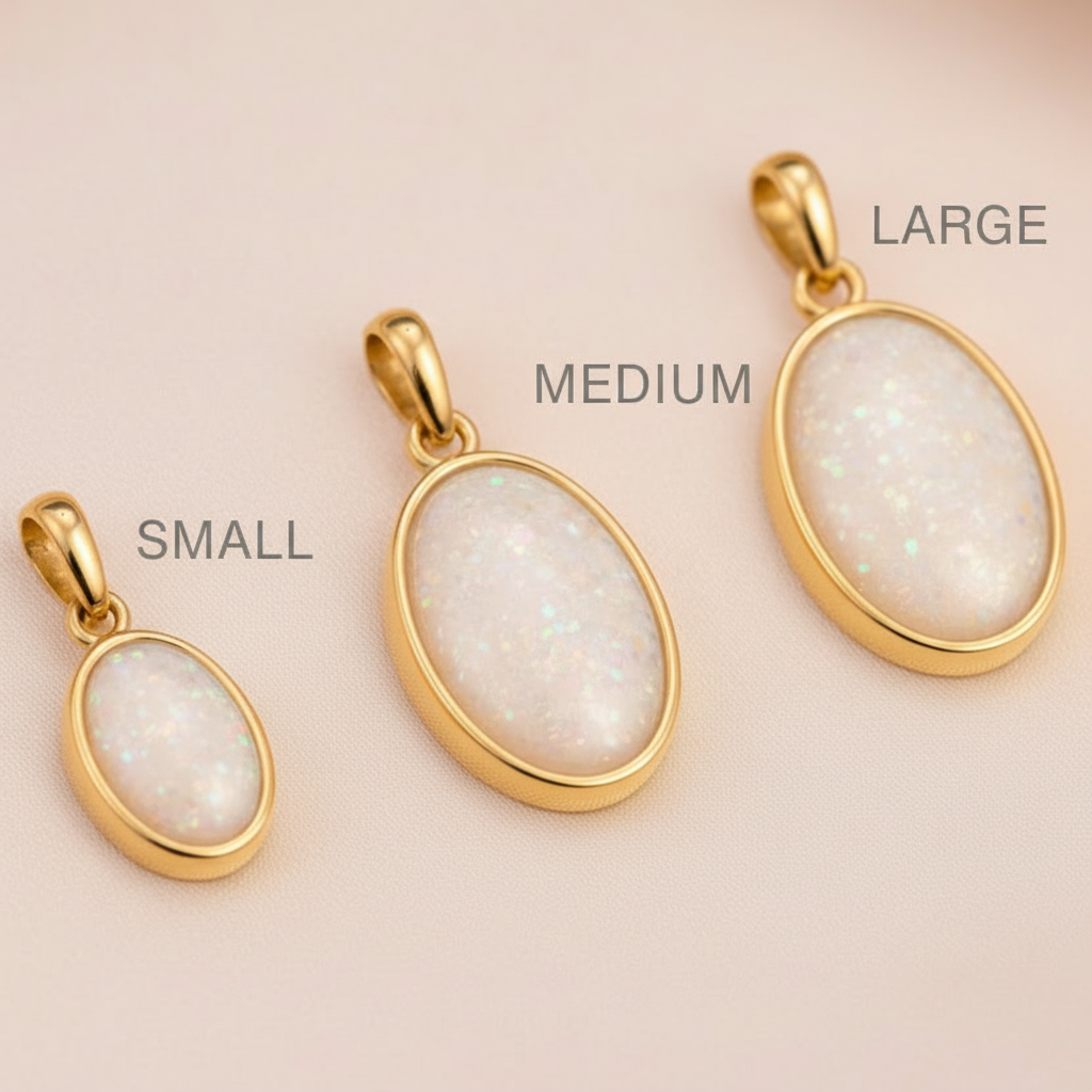 Gold oval memorial pendant with white mica and opal flakes