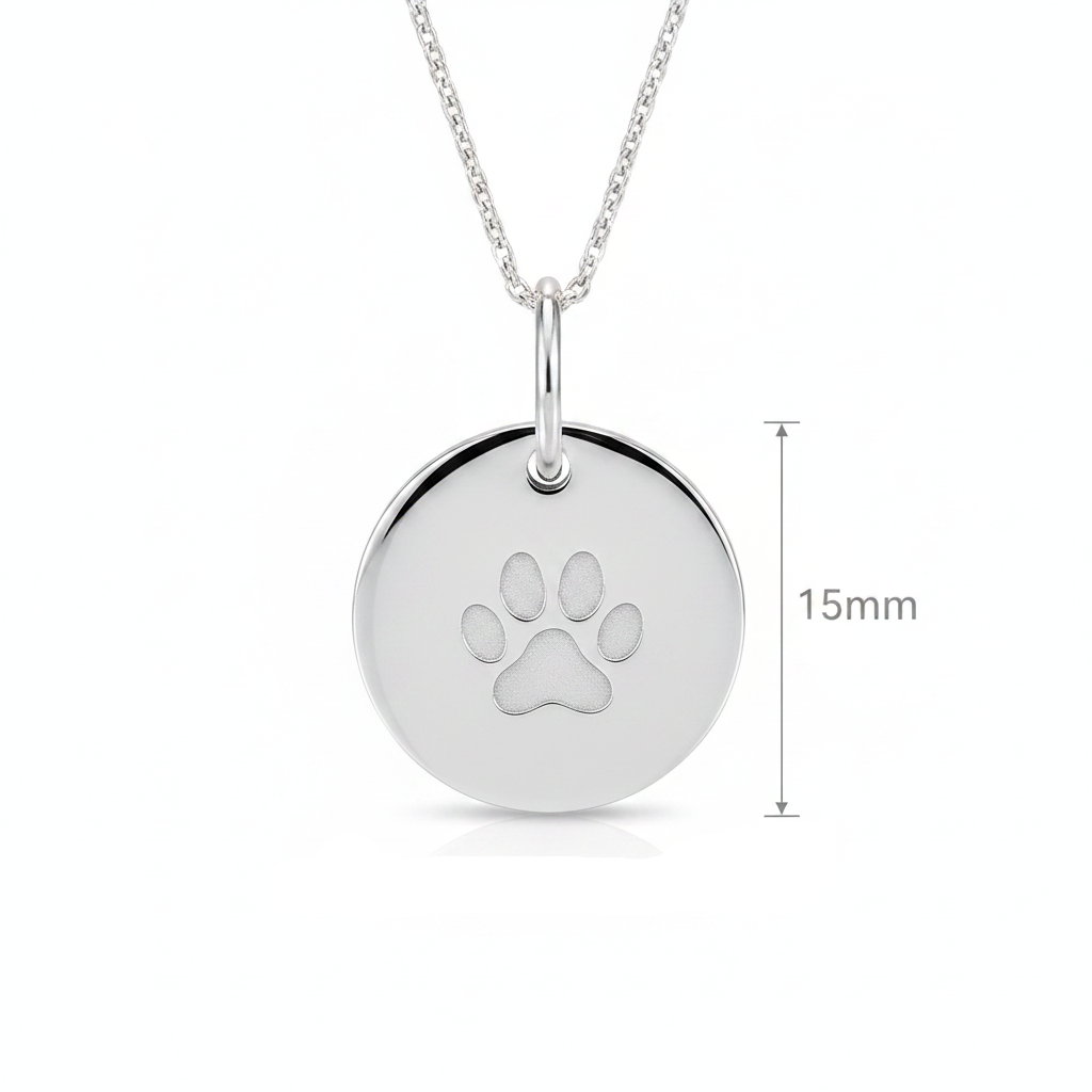 Round paw print 925 silver disc pendant reverse side showing engravable back with dimensions guide