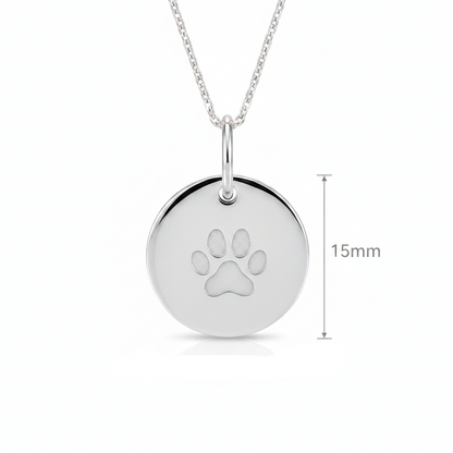 Round paw print 925 silver disc pendant reverse side showing engravable back with dimensions guide
