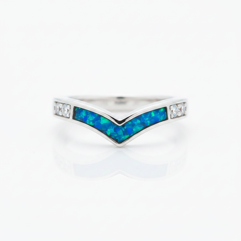 925 sterling silver wishbone CZ memorial ring with blue teal opal flakes in resin channel on white background