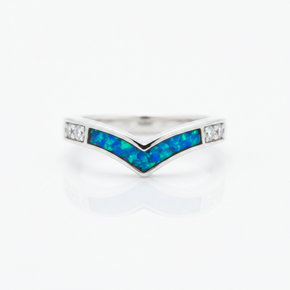 925 sterling silver wishbone CZ memorial ring with blue teal opal flakes in resin channel on white background