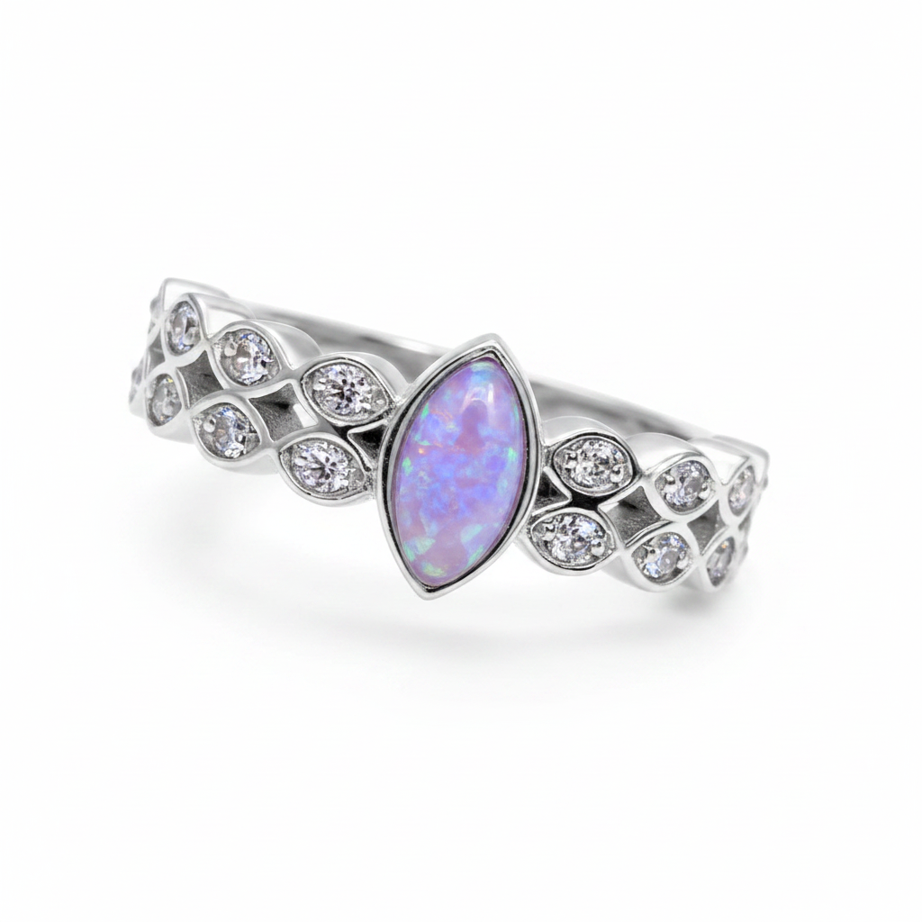 Double marquise band CZ 925 silver ring with lavender purple opal resin in 7x4mm central marquise setting on white background