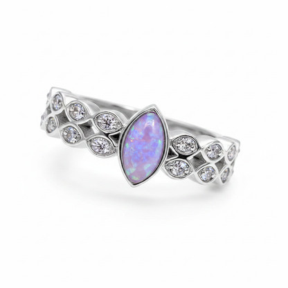 Double marquise band CZ 925 silver ring with lavender purple opal resin in 7x4mm central marquise setting on white background