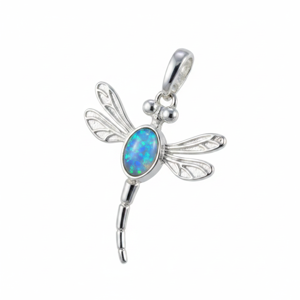 Silver 925 dragonfly memorial pendant with blue opal flakes, white background