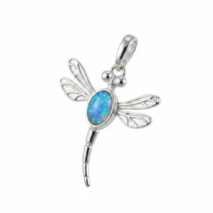 Silver 925 dragonfly memorial pendant with blue opal flakes, white background